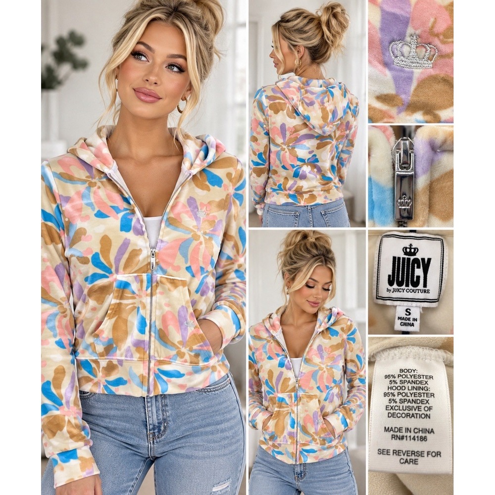 Adorable Juicy Couture Floral Print Zip-Up Hoodie Small – Women's S Y2K Inspired